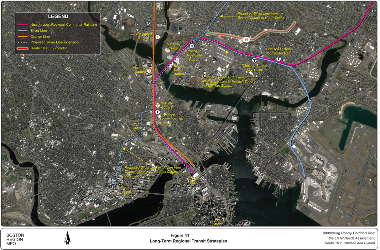 Figure 41
Long-Term Transit Strategies
Figure 41 is an aerial photo of Route 16 and surrounding areas showing proposed long-term transit strategies.
